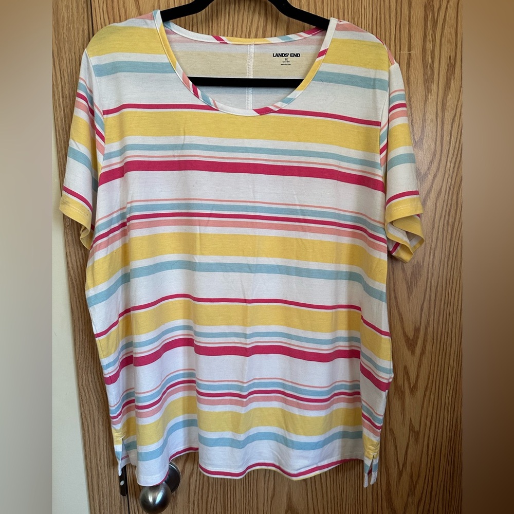🍉 Lands' End Women's Striped Top - Multicolor 1X EUC crew neck, side slits